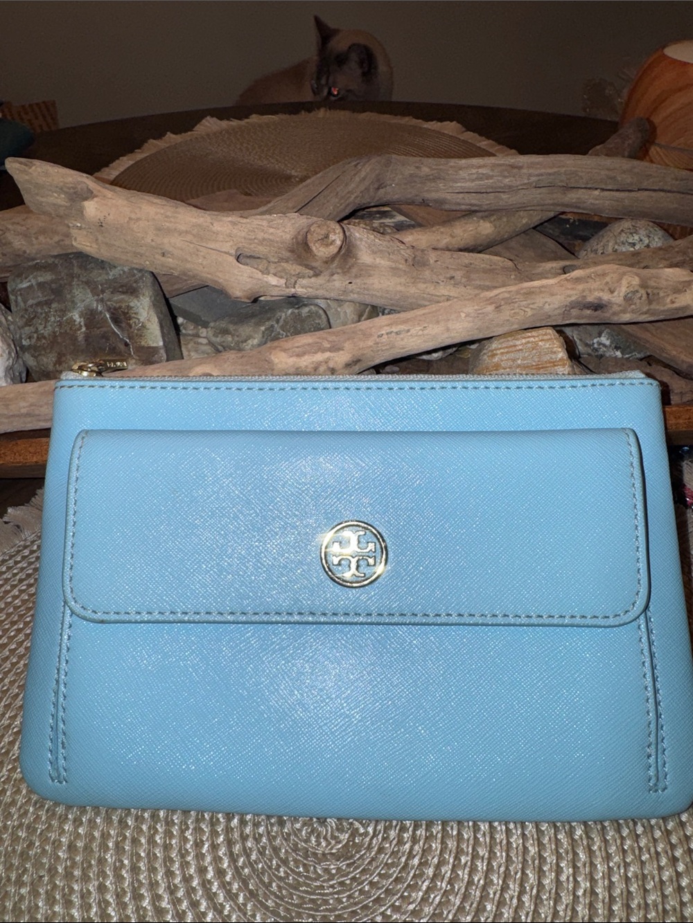 Tory Burch Powder Blue Saffiano Leather Clutch with Gold Logo - Card Slots